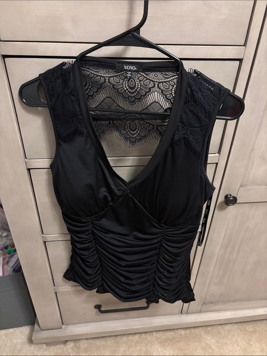 XOXO Tops - XOXO Black Lace-Back Ruched V-Neck Tank